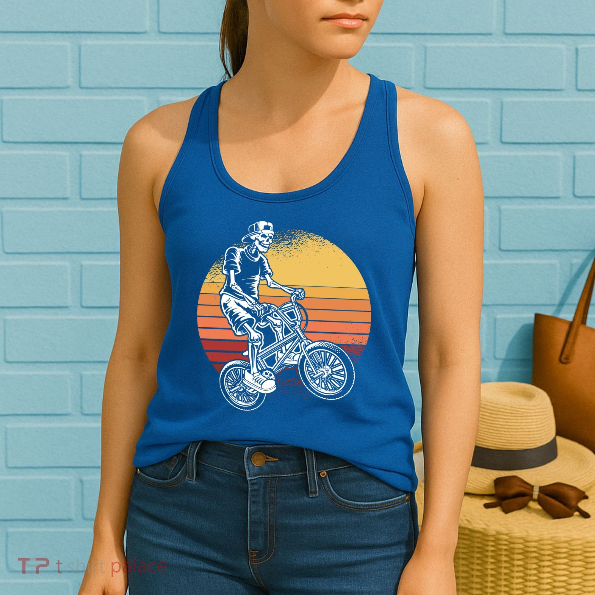 Skeleton Biking Lazy Halloween Costume Retro Bicycle Cute Gift Women's Tank Top