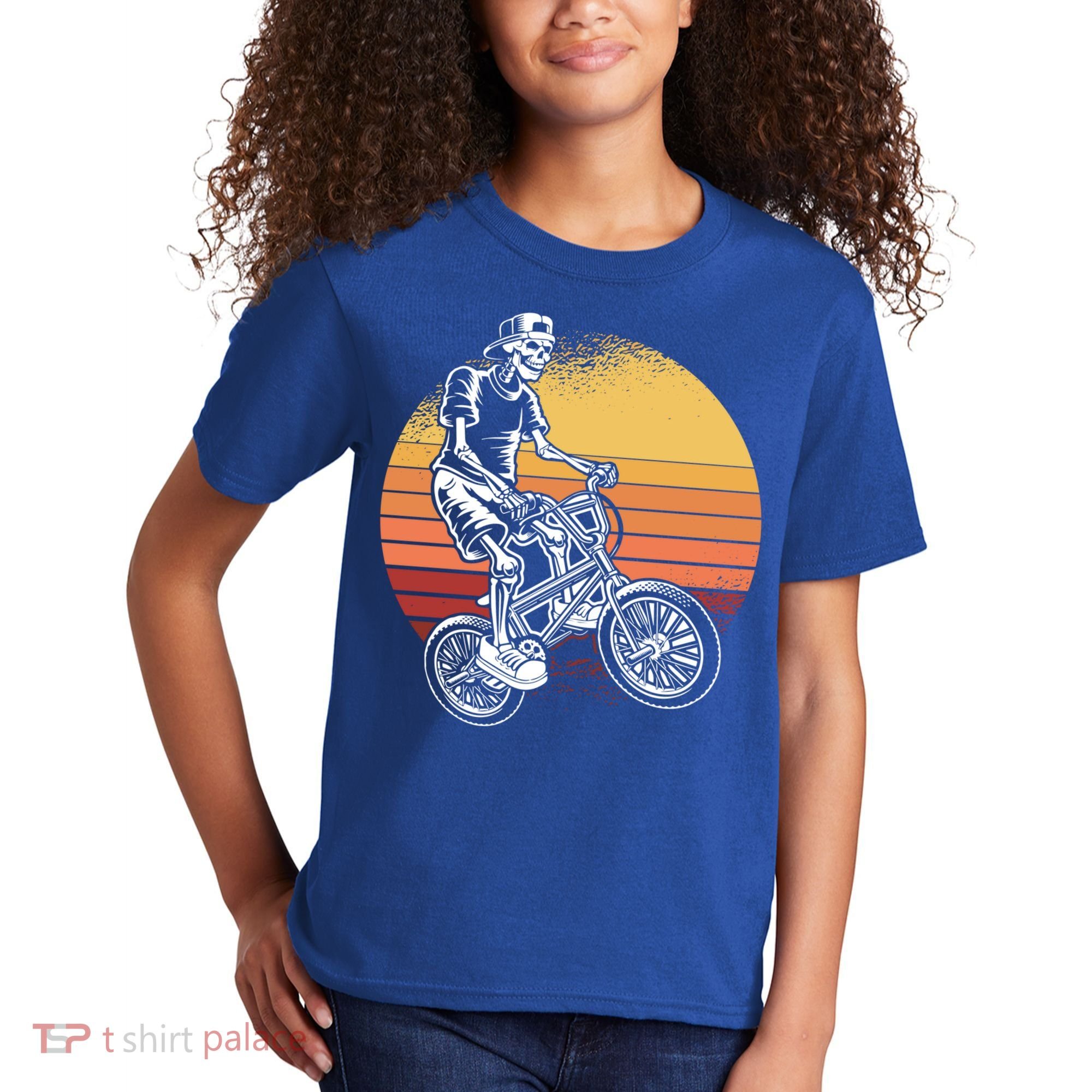Skeleton Biking Lazy Halloween Costume Retro Bicycle Cute Gift Kids T-Shirt