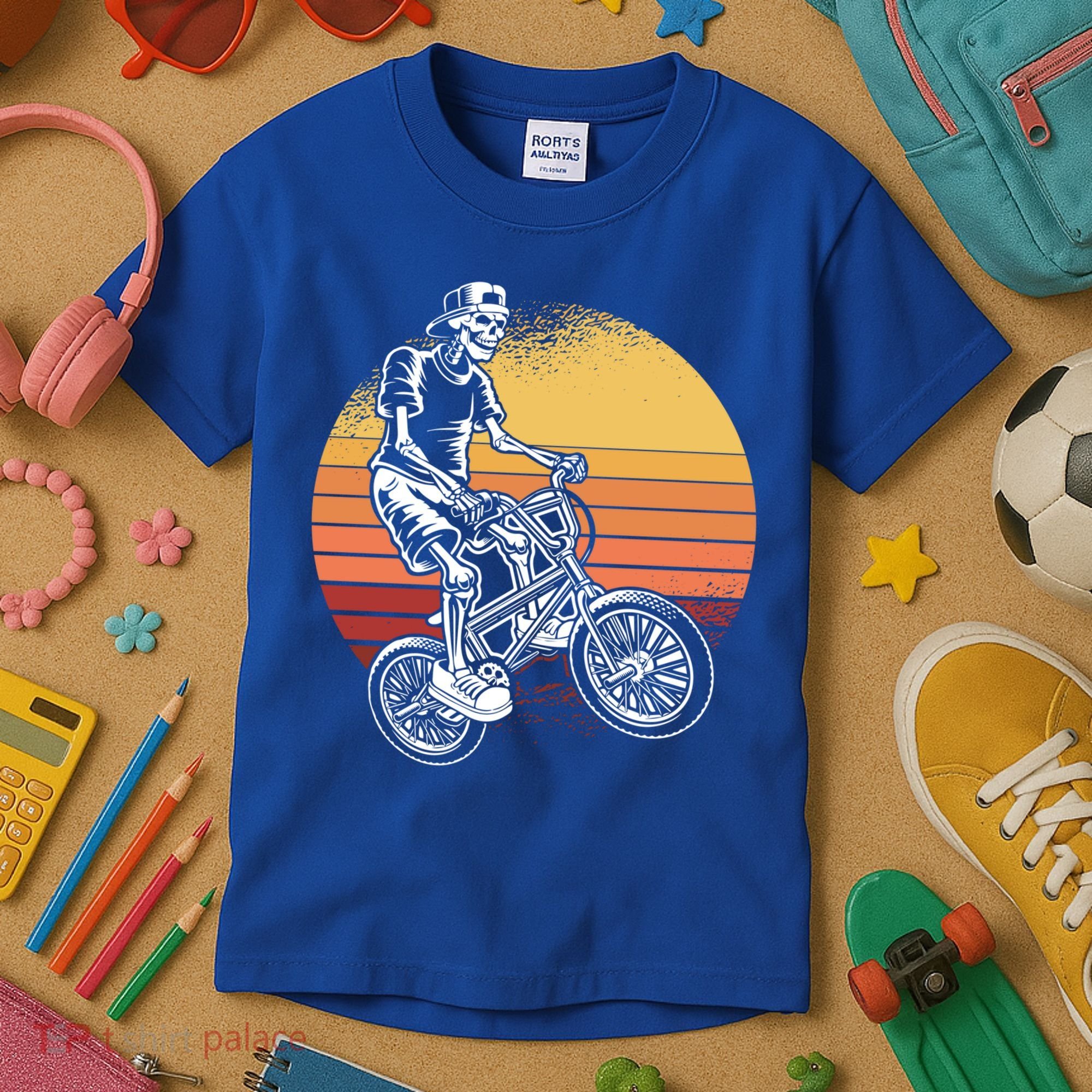 Skeleton Biking Lazy Halloween Costume Retro Bicycle Cute Gift Kids T-Shirt