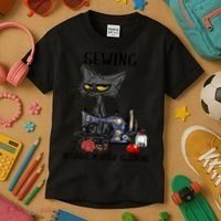 Sewing Because Murder Is Wrong Funny Cat Kids T-Shirt thumb 3
