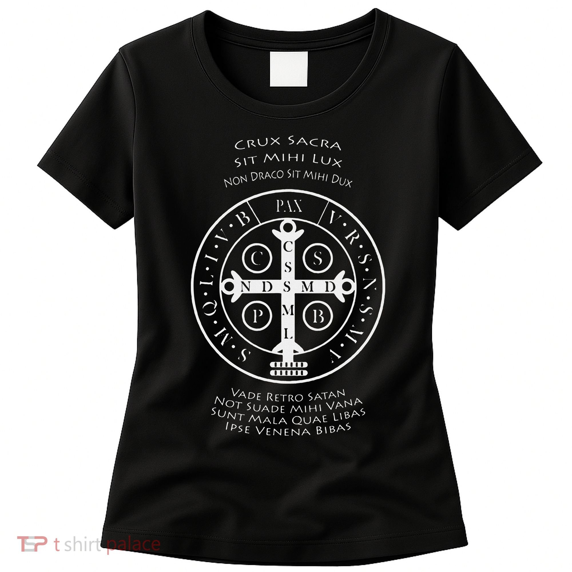 Saint Benedict Medal With Latin Prayer Religious Christian Women's T-Shirt