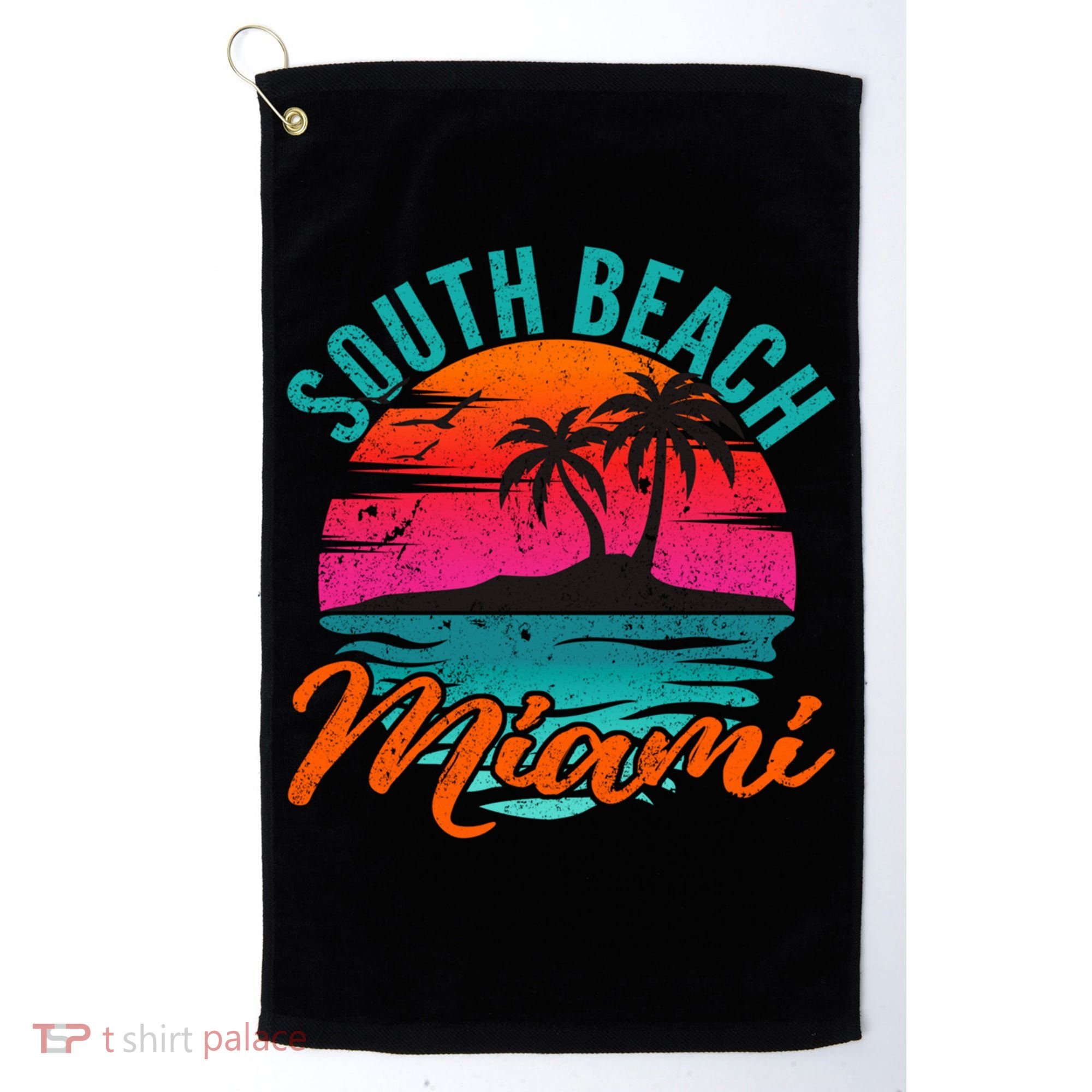 South Beach Miami Florida Sunset Vacation Distressed Grunge Cool Gift Golf Towel