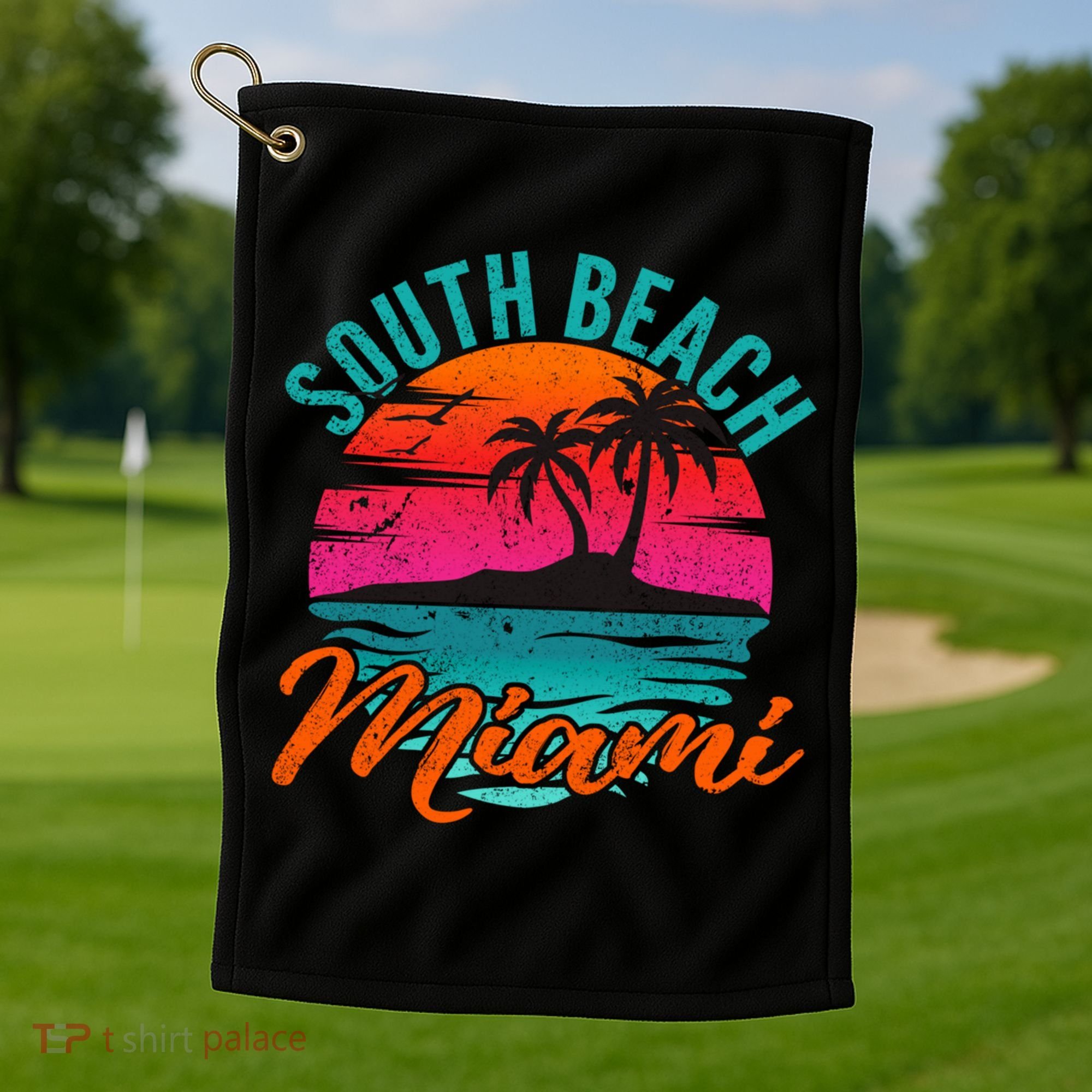 South Beach Miami Florida Sunset Vacation Distressed Grunge Cool Gift Golf Towel