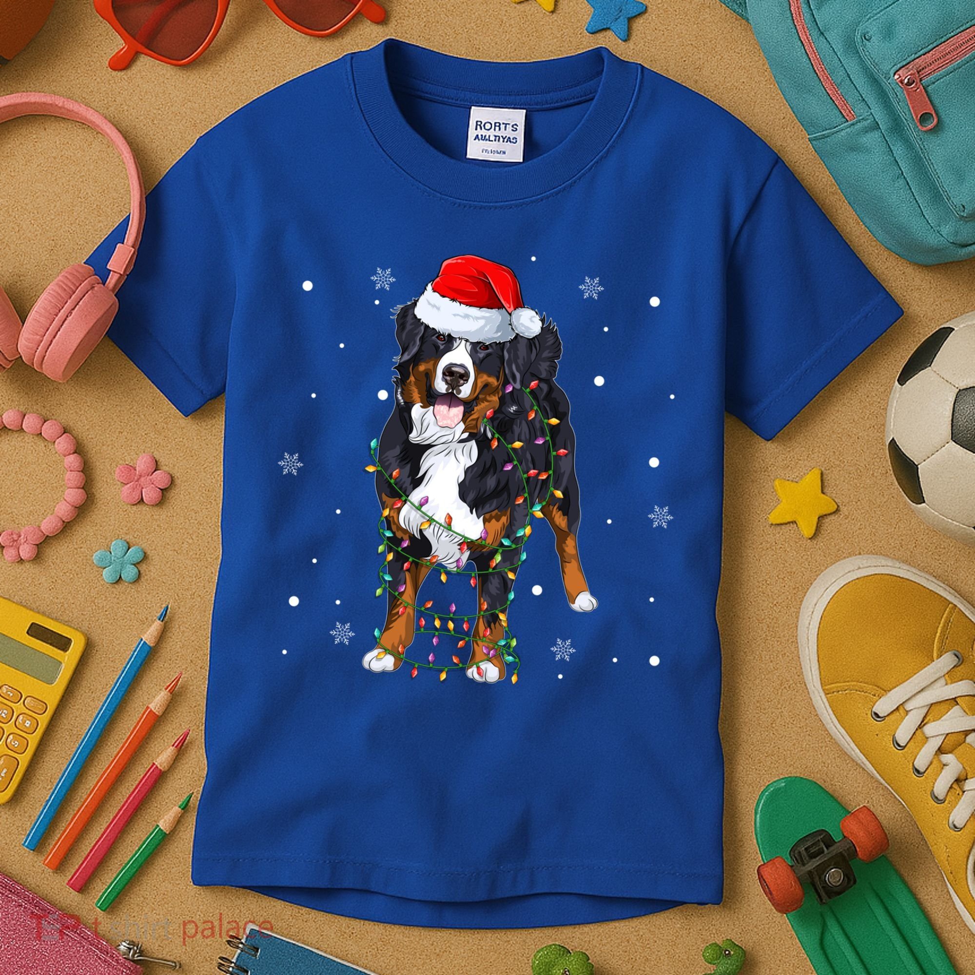 Santa Bernese Mountain Dog Xmas Tree Light Merry Christmas Great Gift Kids T-Shirt