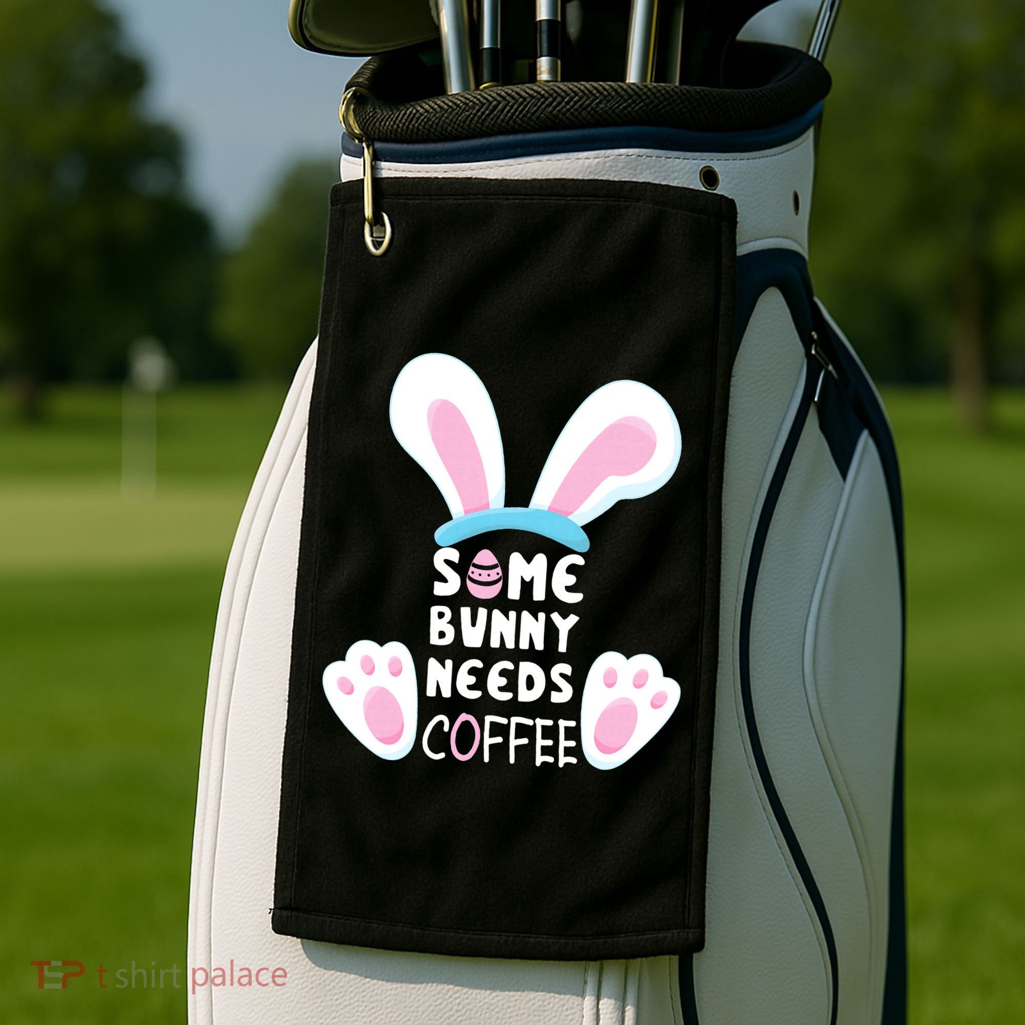 Some Bunny Needs Coffee   Rabbit Funny Easter Golf Towel