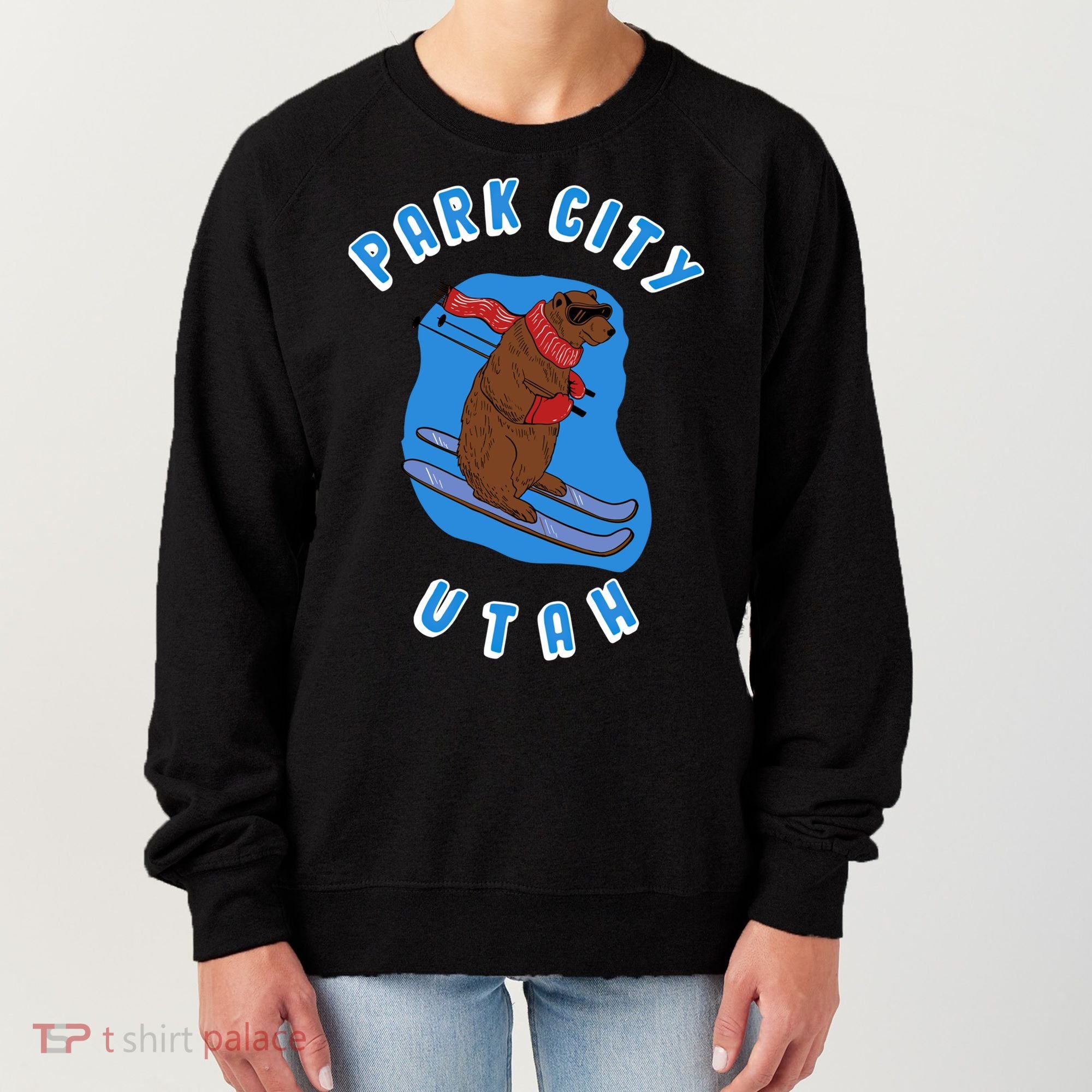 Skiing Bear On Ski Slope Funny Park City Utah Souvenir Gift Women's Sweatshirt