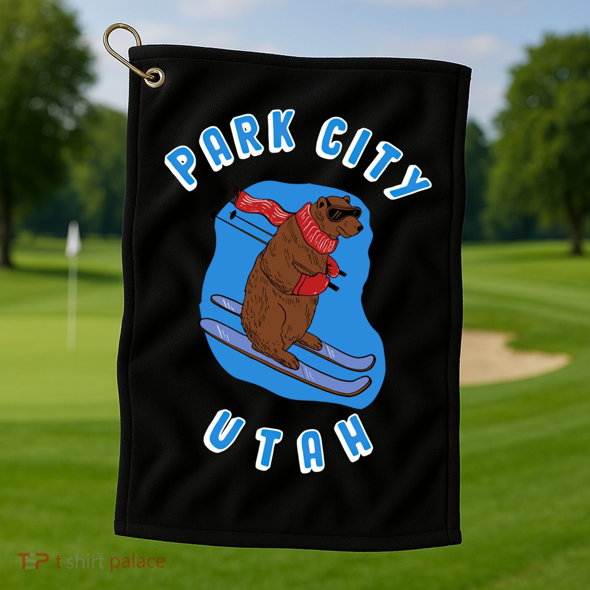 Skiing Bear On Ski Slope Funny Park City Utah Souvenir Gift Golf Towel