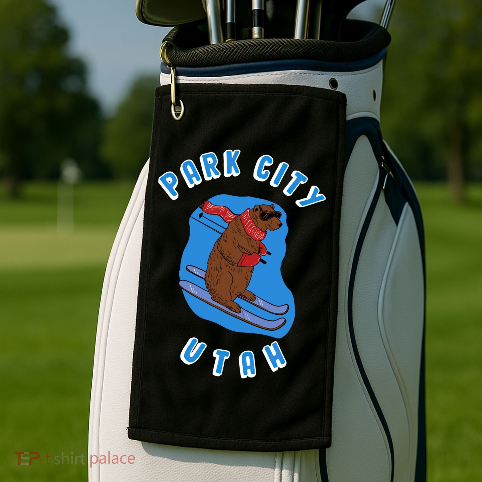 Skiing Bear On Ski Slope Funny Park City Utah Souvenir Gift Golf Towel