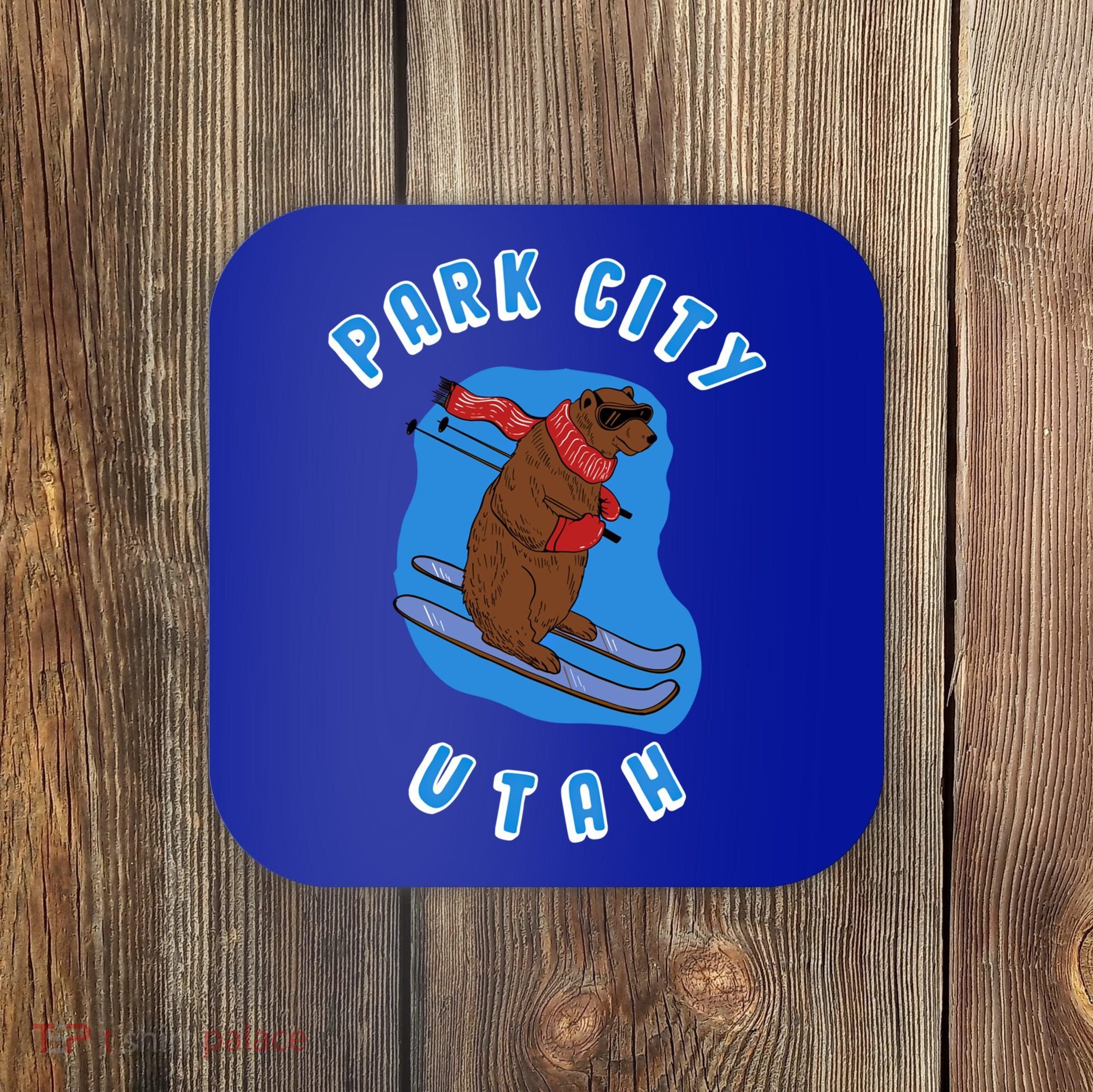 Skiing Bear On Ski Slope Funny Park City Utah Souvenir Gift Coaster
