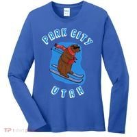 Skiing Bear On Ski Slope Funny Park City Utah Souvenir Gift Women's Long Sleeve Shirt thumb 0