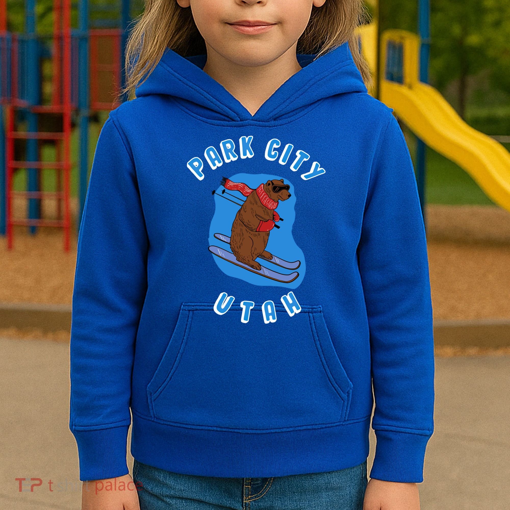 Skiing Bear On Ski Slope Funny Park City Utah Souvenir Gift Kids Hoodie