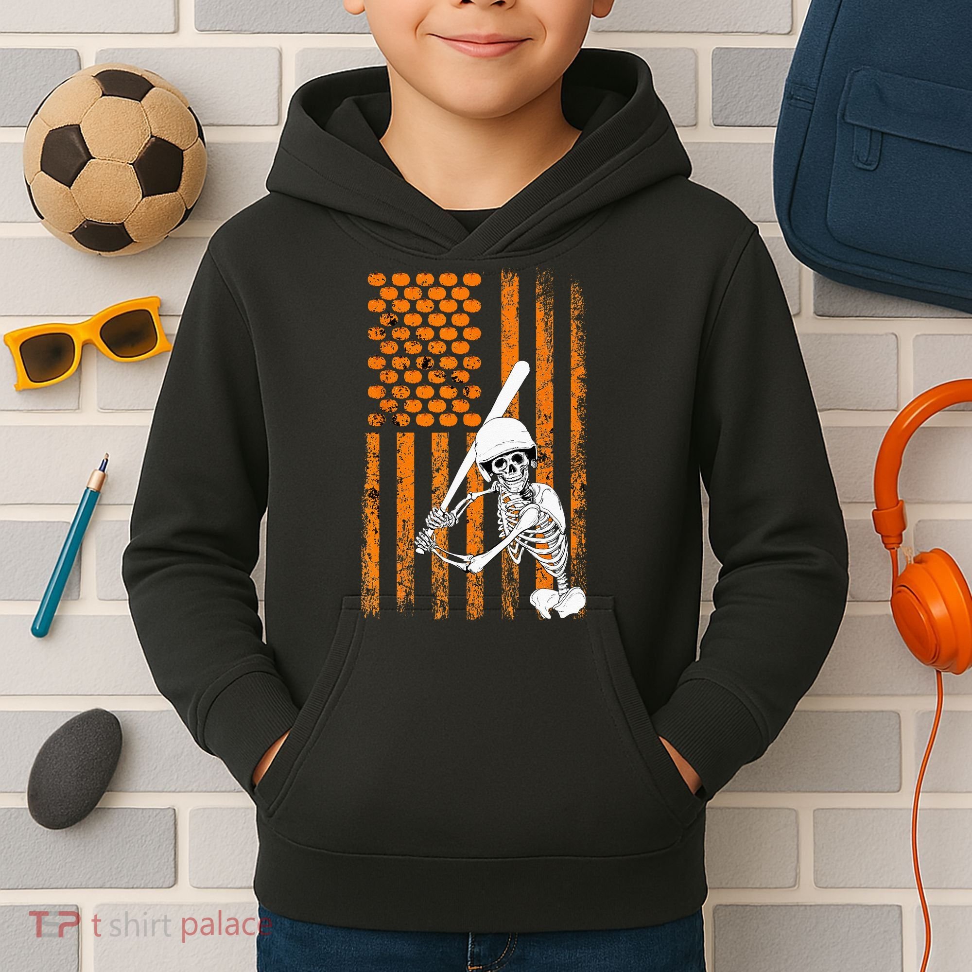 Skeleton Baseball Player Fan Skeleton Halloween Baseball Kids Hoodie