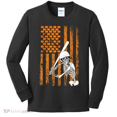 Skeleton Baseball Player Fan Skeleton Halloween Baseball Kids Long Sleeve Shirt