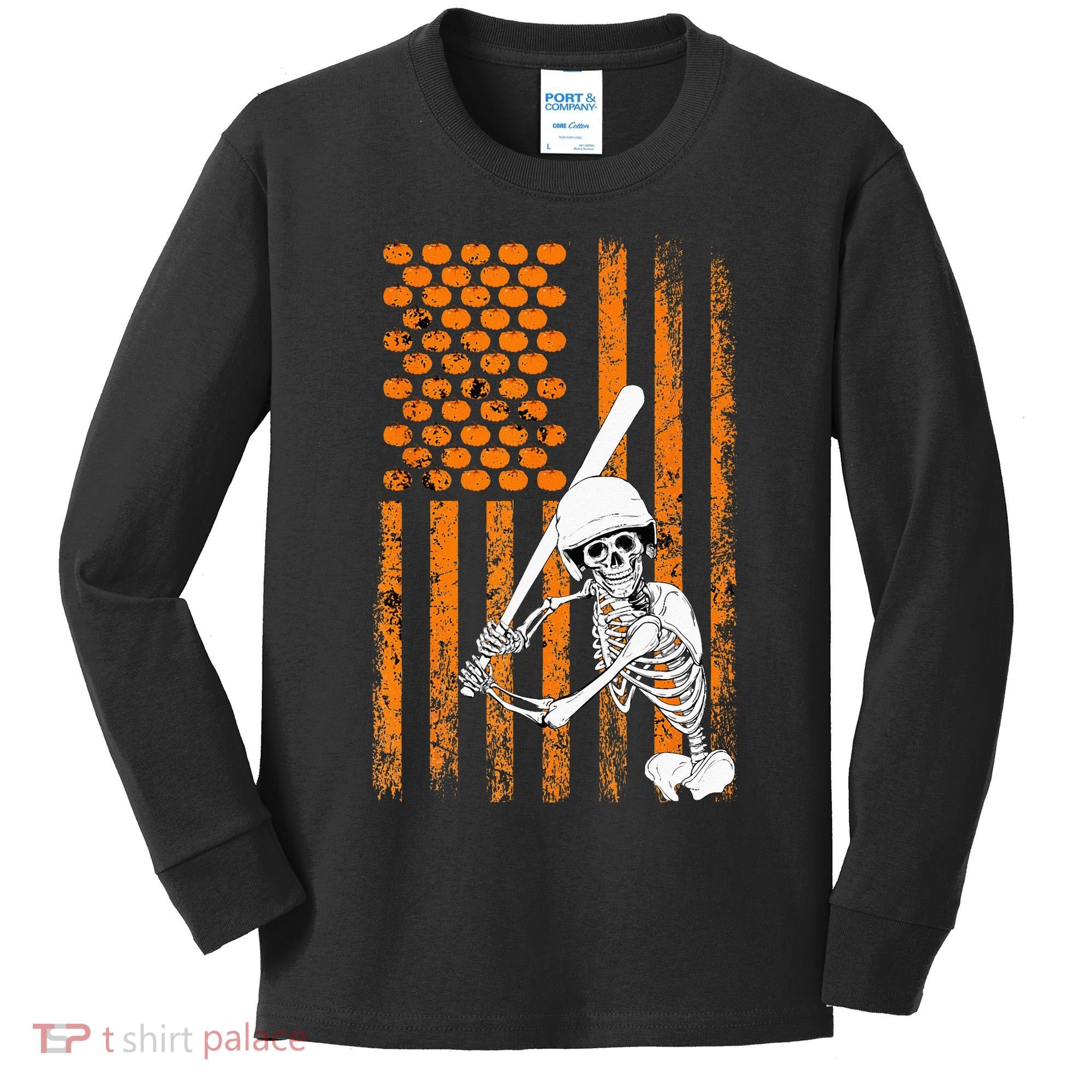 Skeleton Baseball Player Fan Skeleton Halloween Baseball Kids Long Sleeve Shirt