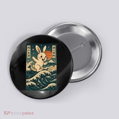 Surfing Bunny Retro Japanese Sakura Wave Adventure Button