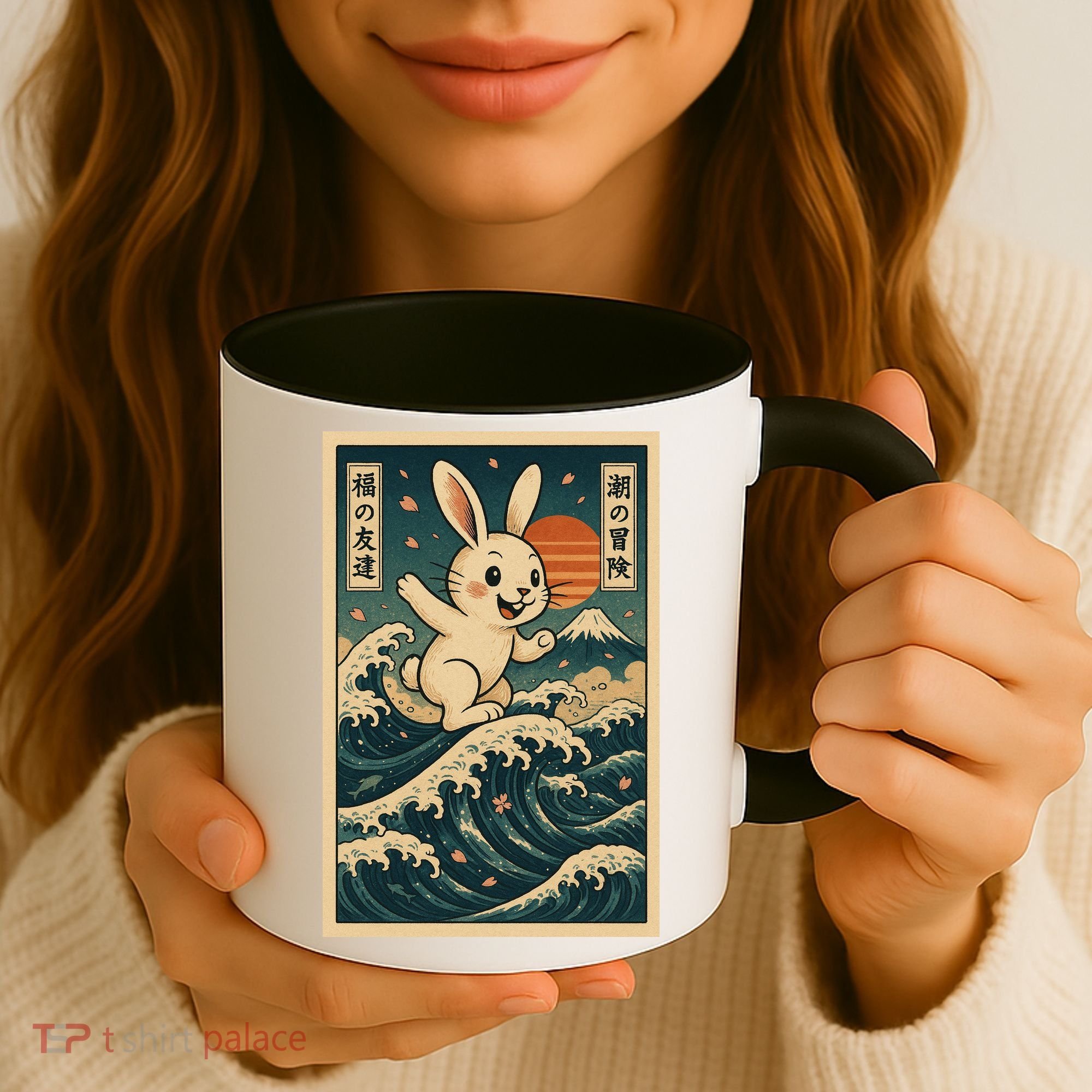 Surfing Bunny Retro Japanese Sakura Wave Adventure Coffee Mug