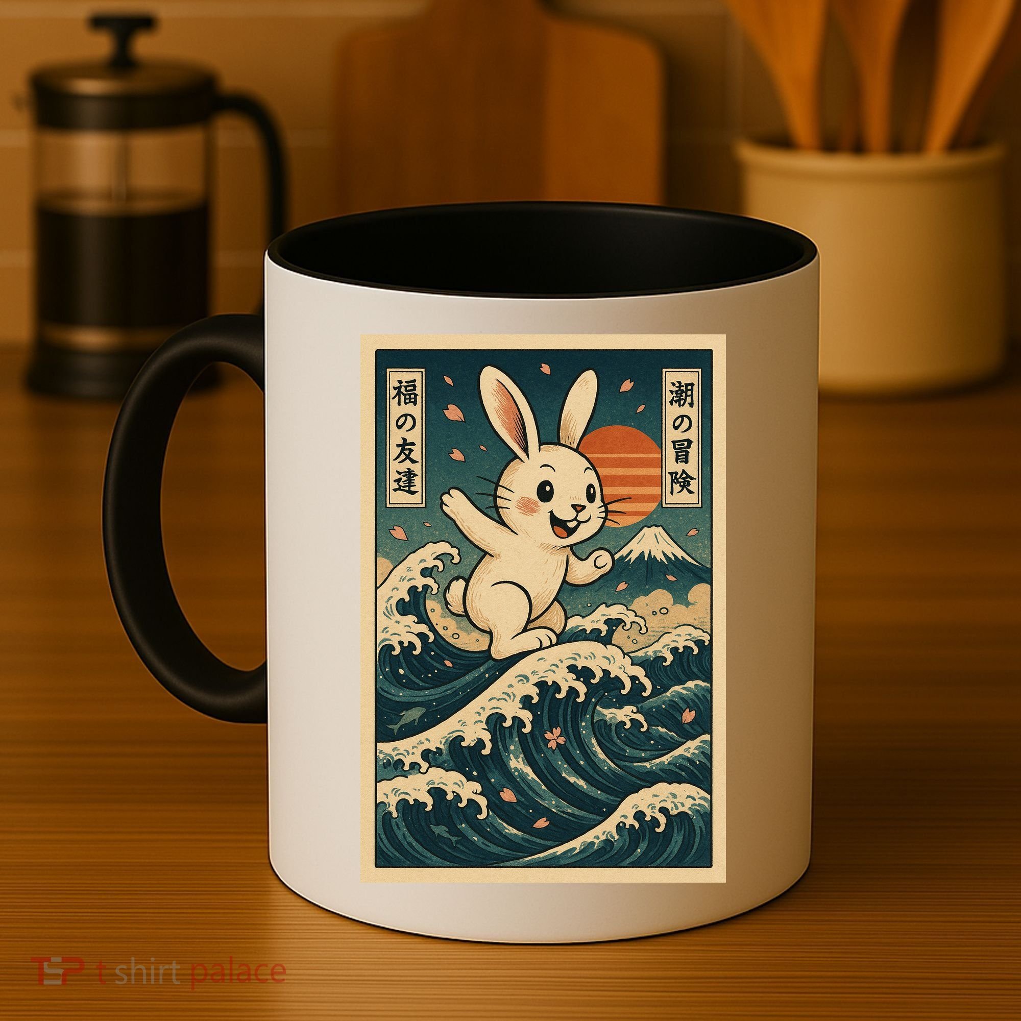 Surfing Bunny Retro Japanese Sakura Wave Adventure Coffee Mug