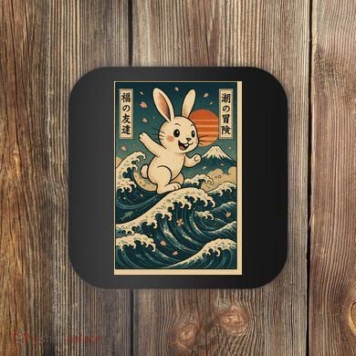 Surfing Bunny Retro Japanese Sakura Wave Adventure Coaster