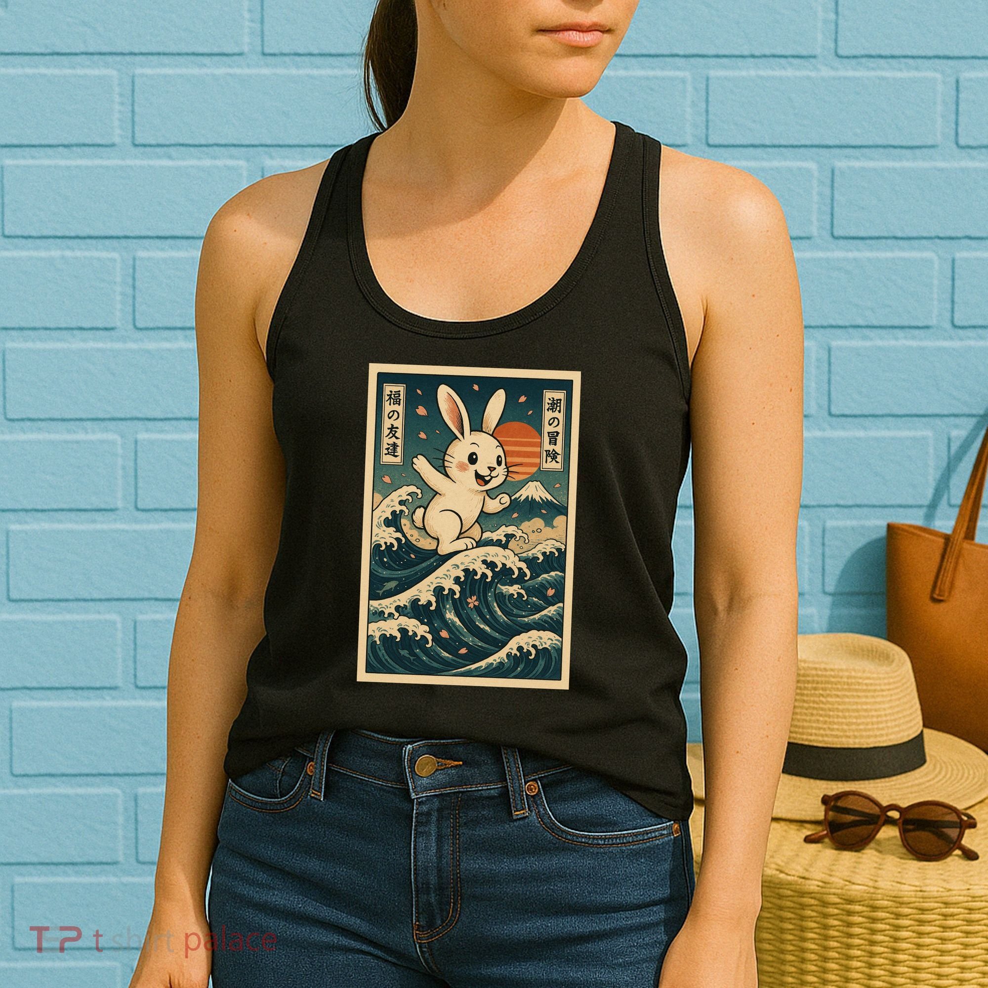 Surfing Bunny Retro Japanese Sakura Wave Adventure Women's Tank Top