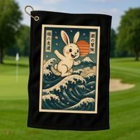 Surfing Bunny Retro Japanese Sakura Wave Adventure Golf Towel thumb 1