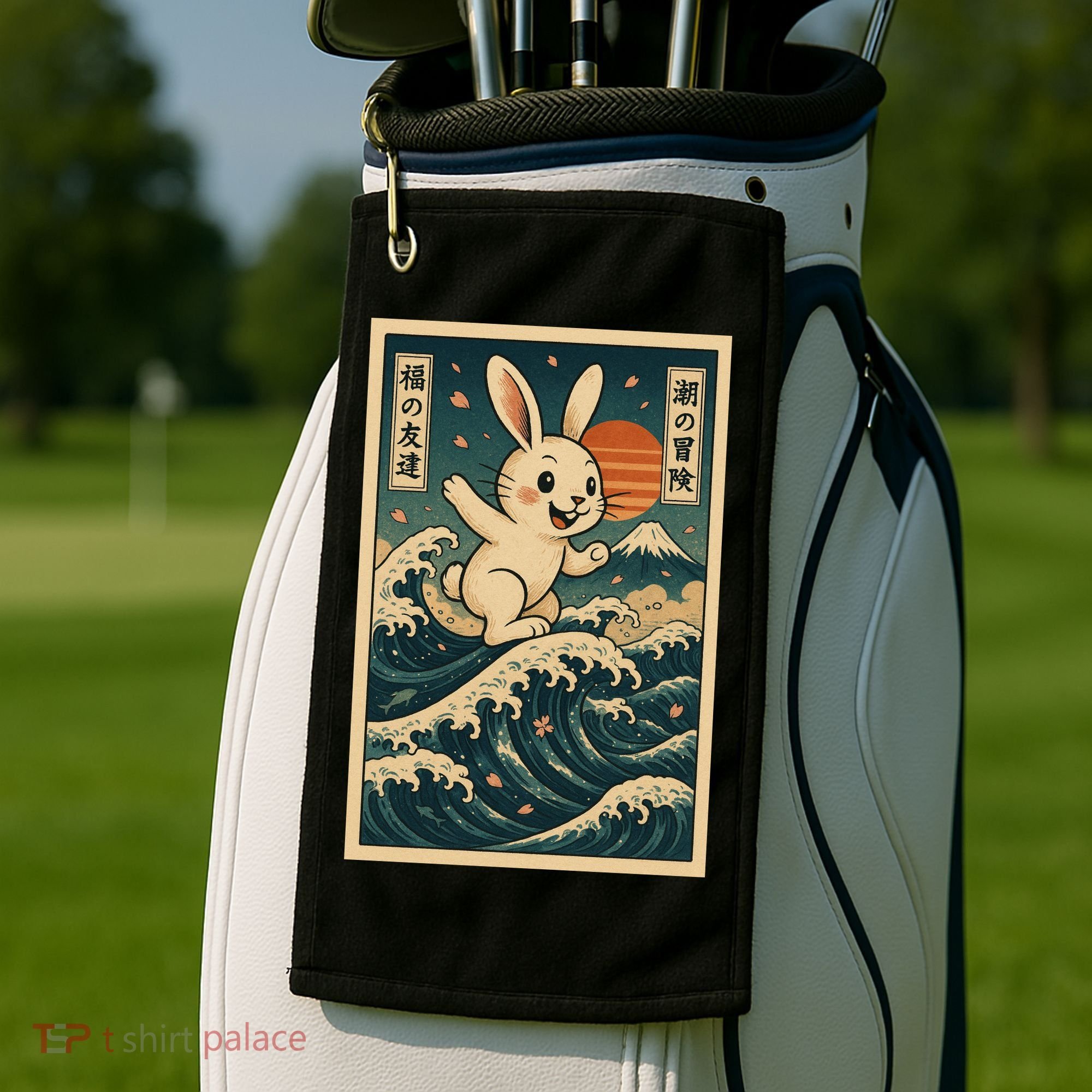 Surfing Bunny Retro Japanese Sakura Wave Adventure Golf Towel