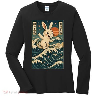 Surfing Bunny Retro Japanese Sakura Wave Adventure Women's Long Sleeve Shirt