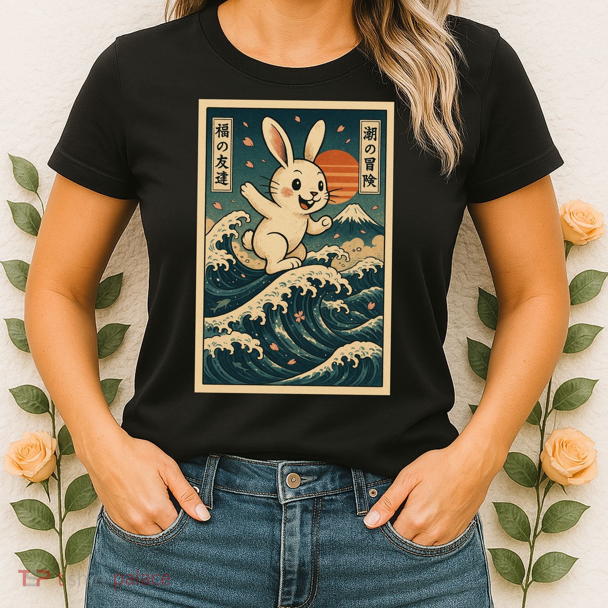 Surfing Bunny Retro Japanese Sakura Wave Adventure Women's T-Shirt