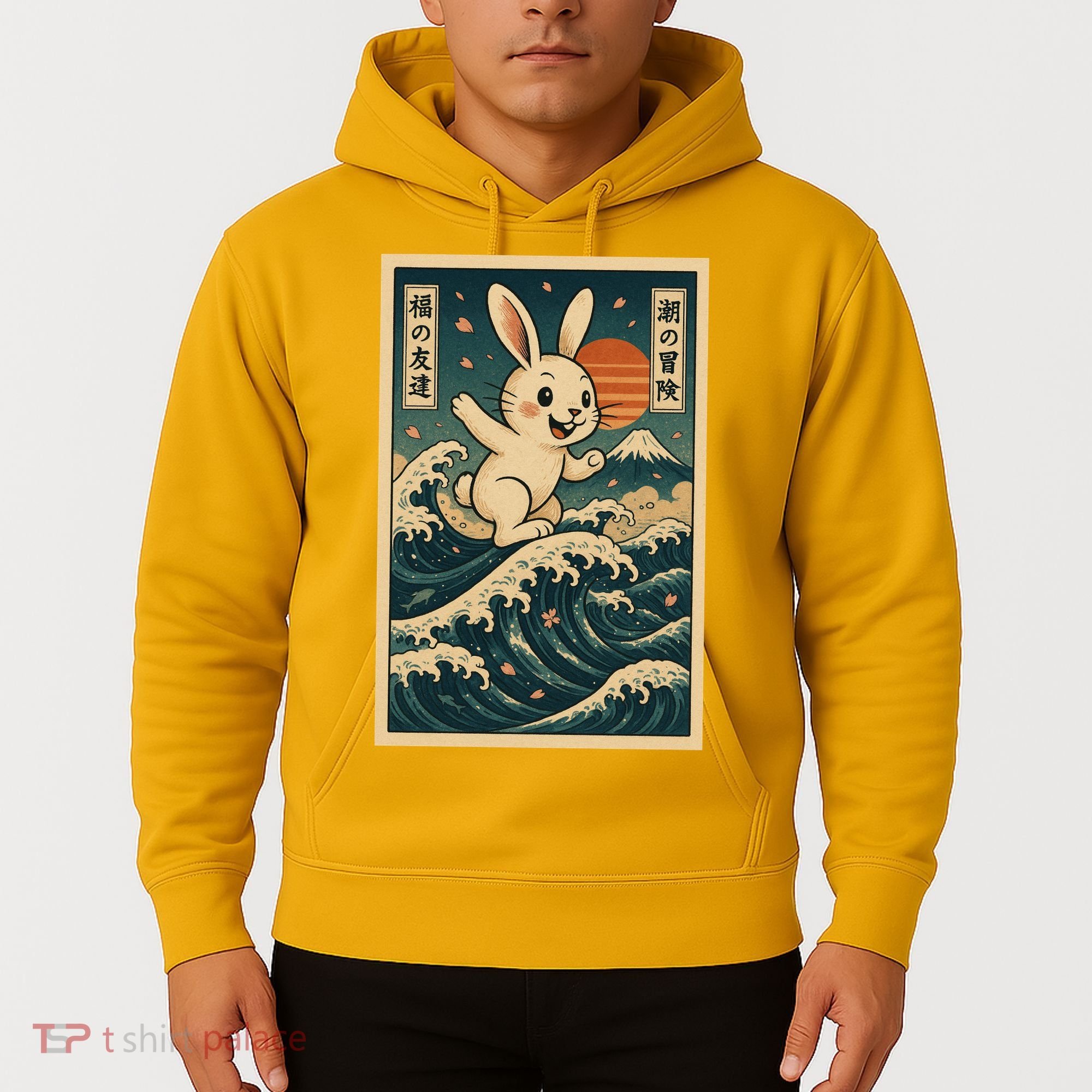 Surfing Bunny Retro Japanese Sakura Wave Adventure Hoodie