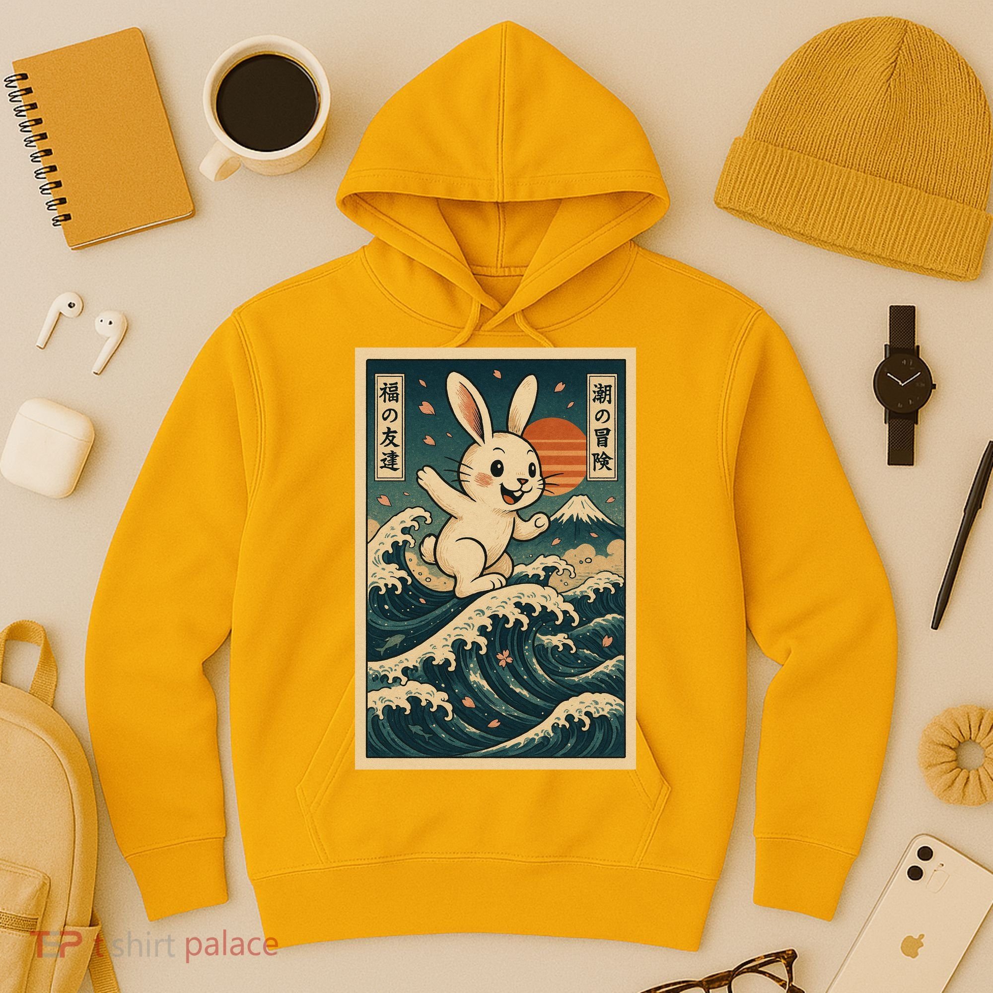 Surfing Bunny Retro Japanese Sakura Wave Adventure Hoodie