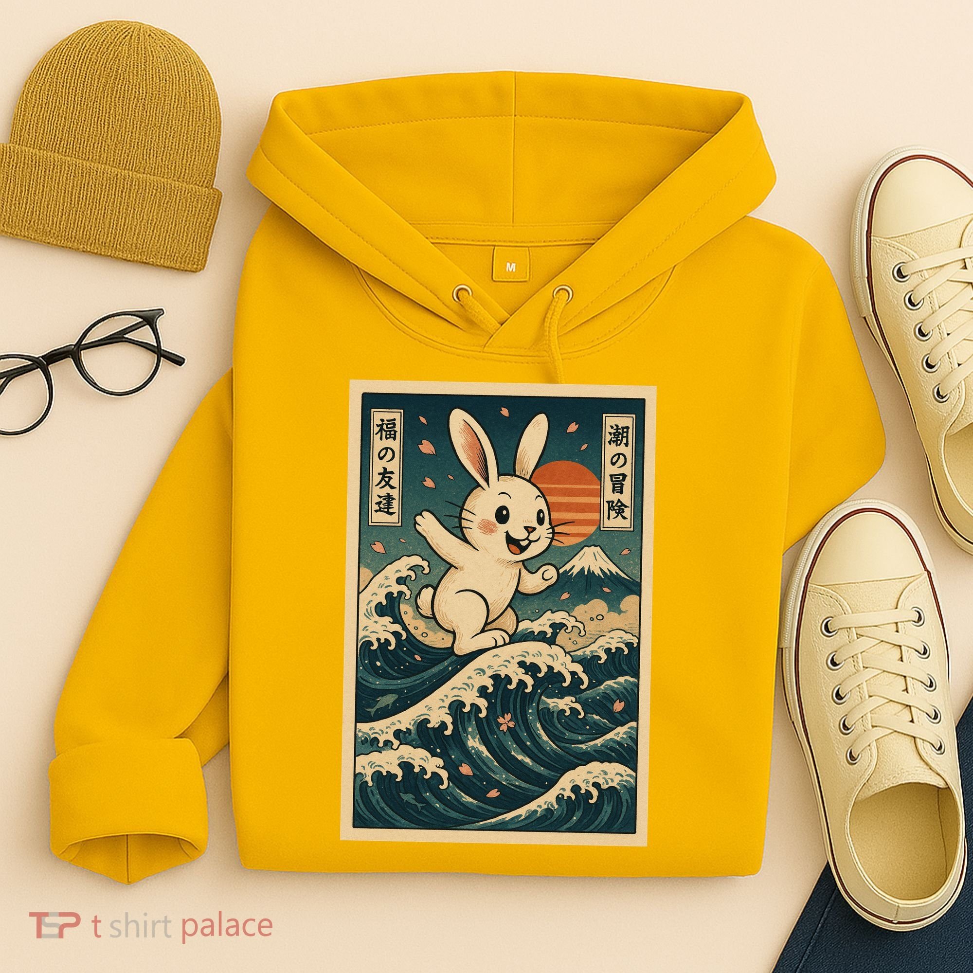 Surfing Bunny Retro Japanese Sakura Wave Adventure Hoodie
