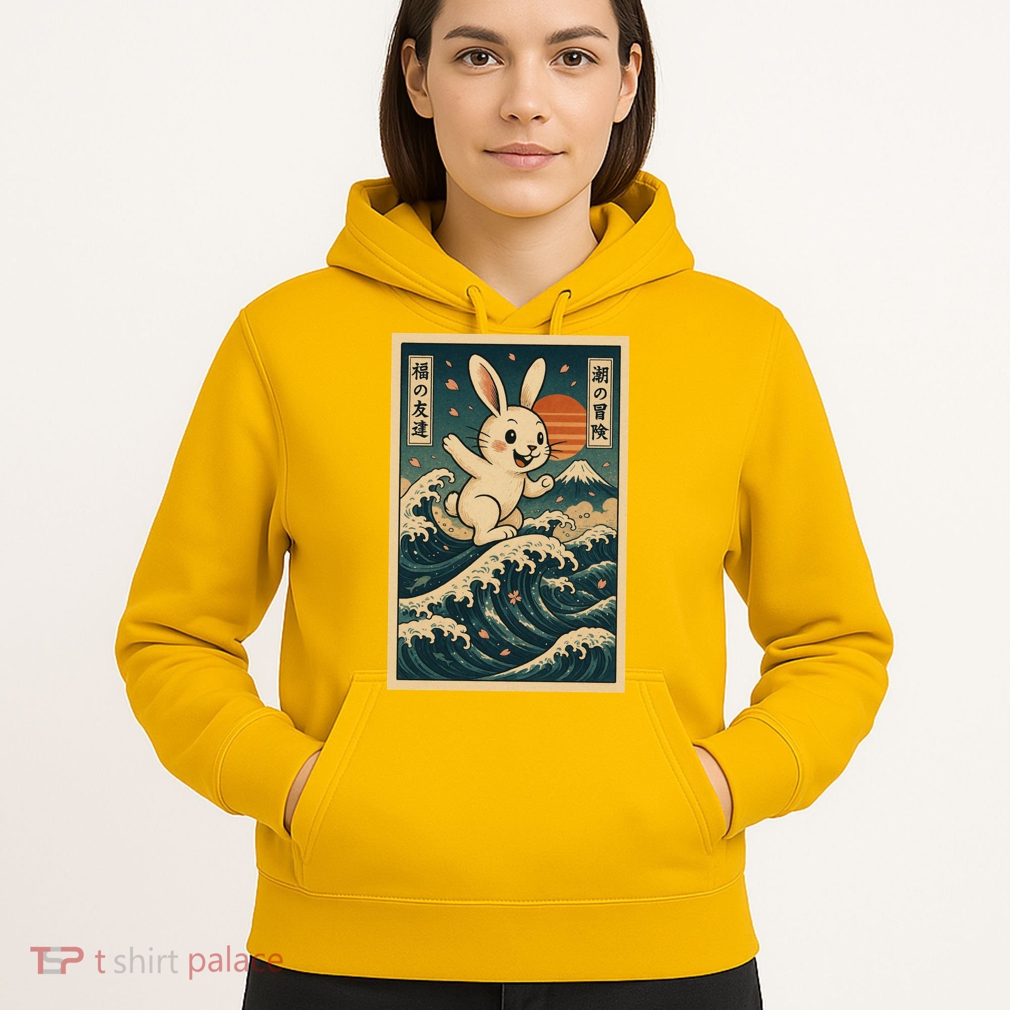 Surfing Bunny Retro Japanese Sakura Wave Adventure Hoodie