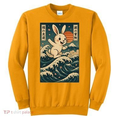 Surfing Bunny Retro Japanese Sakura Wave Adventure Sweatshirt