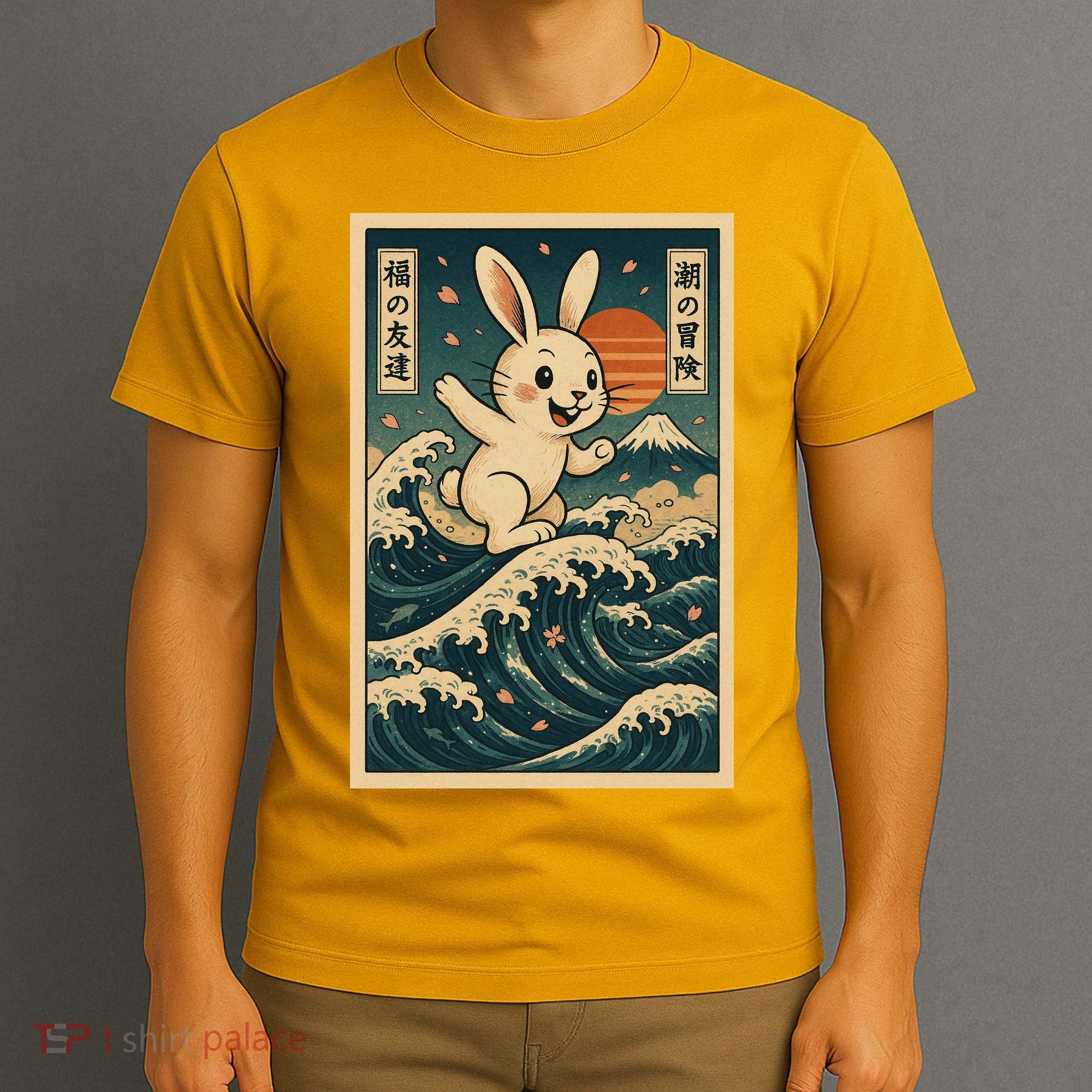 Surfing Bunny Retro Japanese Sakura Wave Adventure T-Shirt