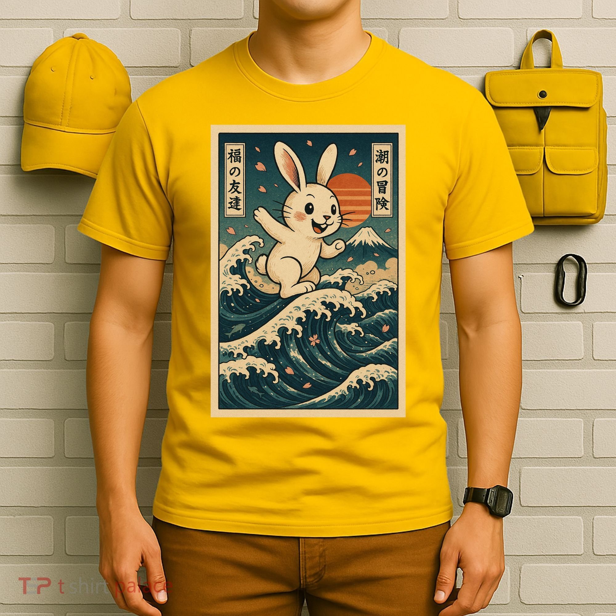 Surfing Bunny Retro Japanese Sakura Wave Adventure T-Shirt
