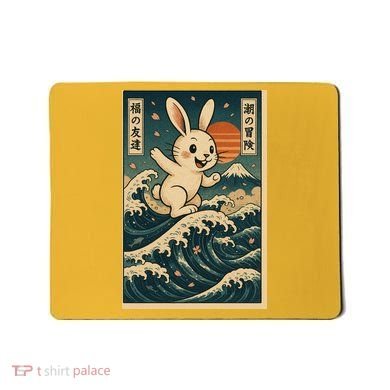 Surfing Bunny Retro Japanese Sakura Wave Adventure Mousepad