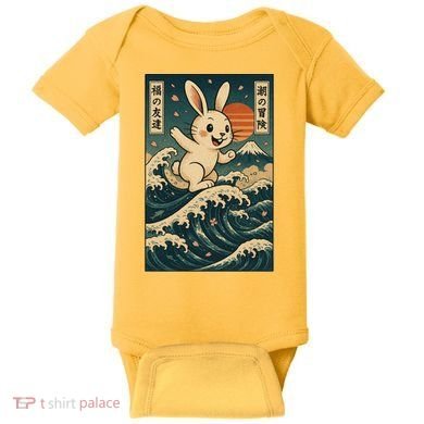 Surfing Bunny Retro Japanese Sakura Wave Adventure Baby Bodysuit
