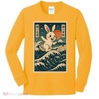 Surfing Bunny Retro Japanese Sakura Wave Adventure Kids Long Sleeve Shirt thumb 0