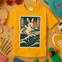 Surfing Bunny Retro Japanese Sakura Wave Adventure Kids T-Shirt thumb 3