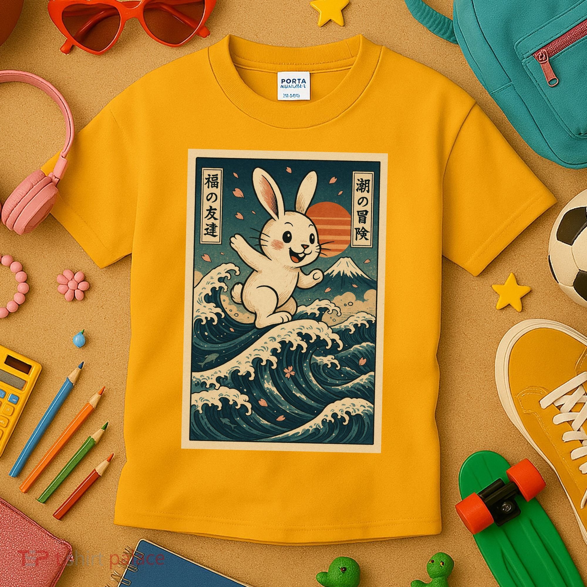 Surfing Bunny Retro Japanese Sakura Wave Adventure Kids T-Shirt