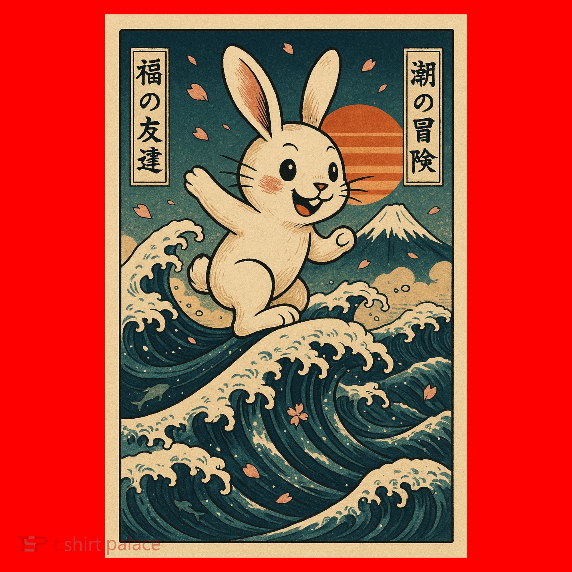 Surfing Bunny Retro Japanese Sakura Wave Adventure Santa Hat