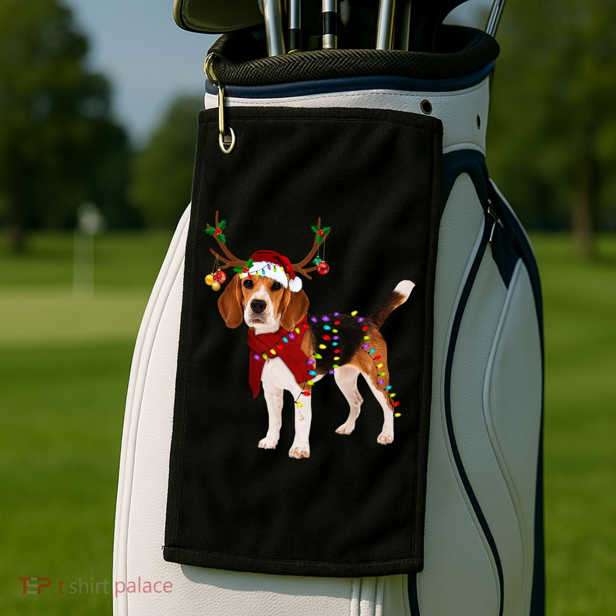 Santa Beagle Reindeer Light Christmas Funny Gift Golf Towel