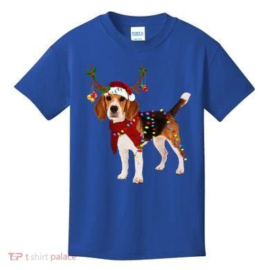 Santa Beagle Reindeer Light Christmas Funny Gift Kids T-Shirt