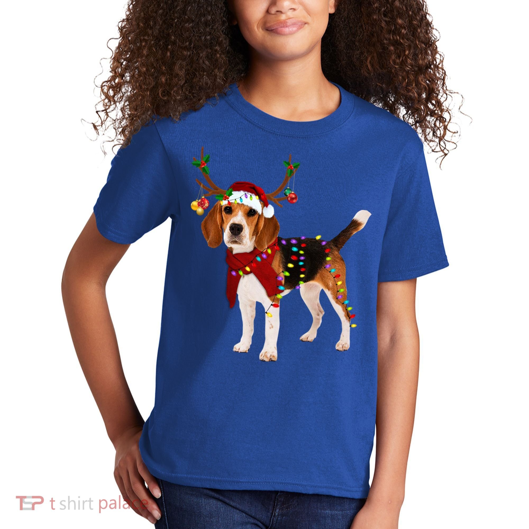 Santa Beagle Reindeer Light Christmas Gift Kids T-Shirt