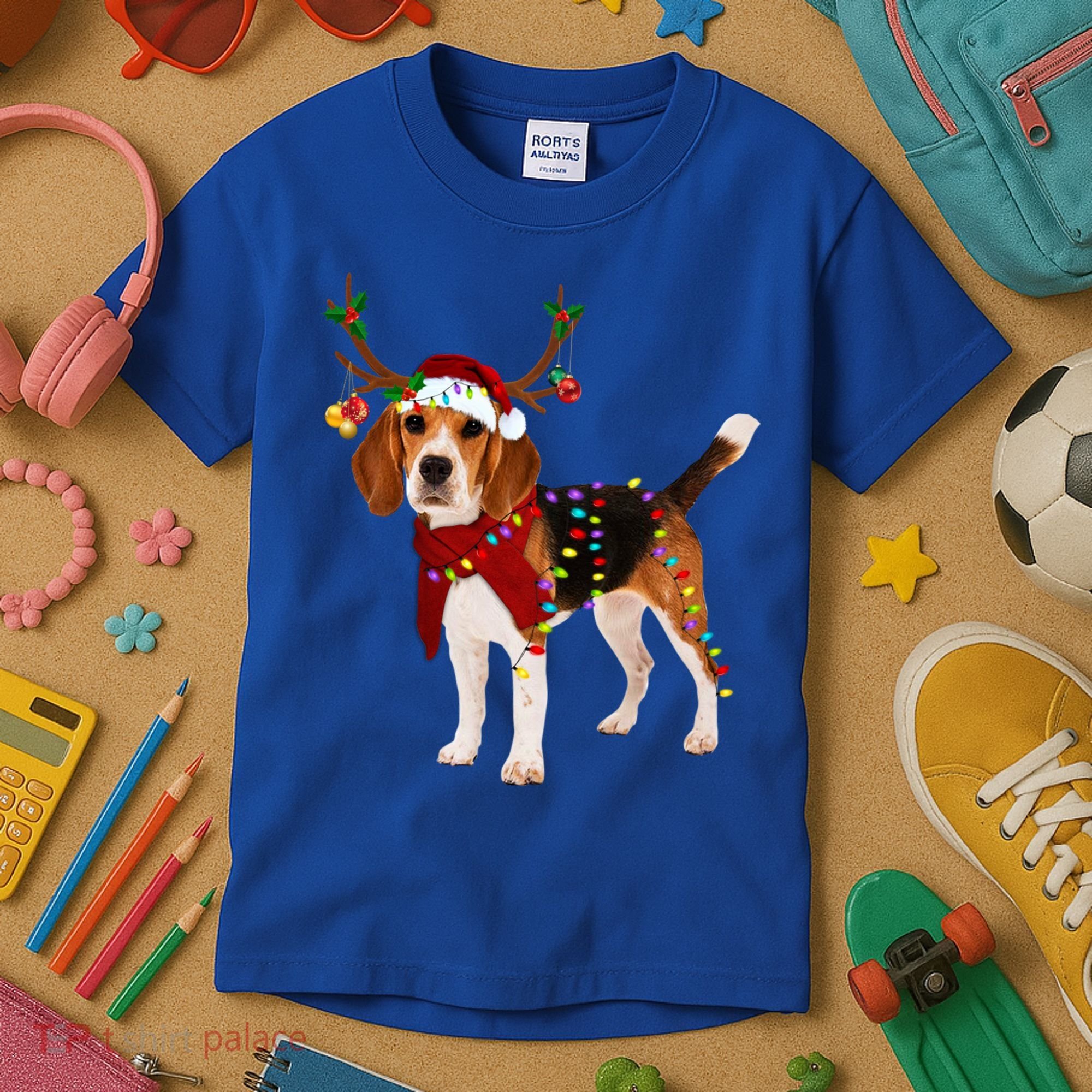 Santa Beagle Reindeer Light Christmas Gift Kids T-Shirt