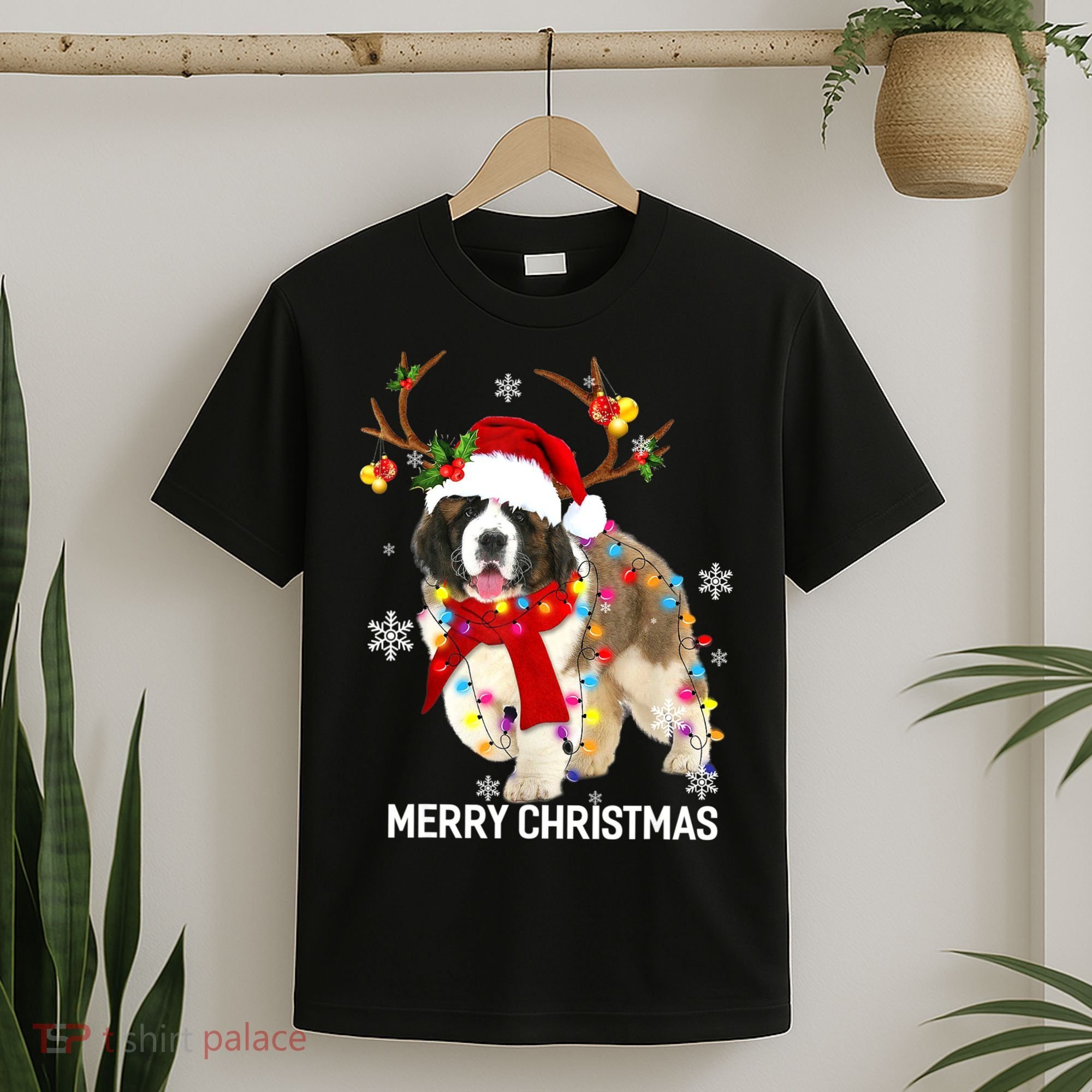 St Bernard Reindeer Xmas Light Christmas Ornaments Xmas Dog T-Shirt
