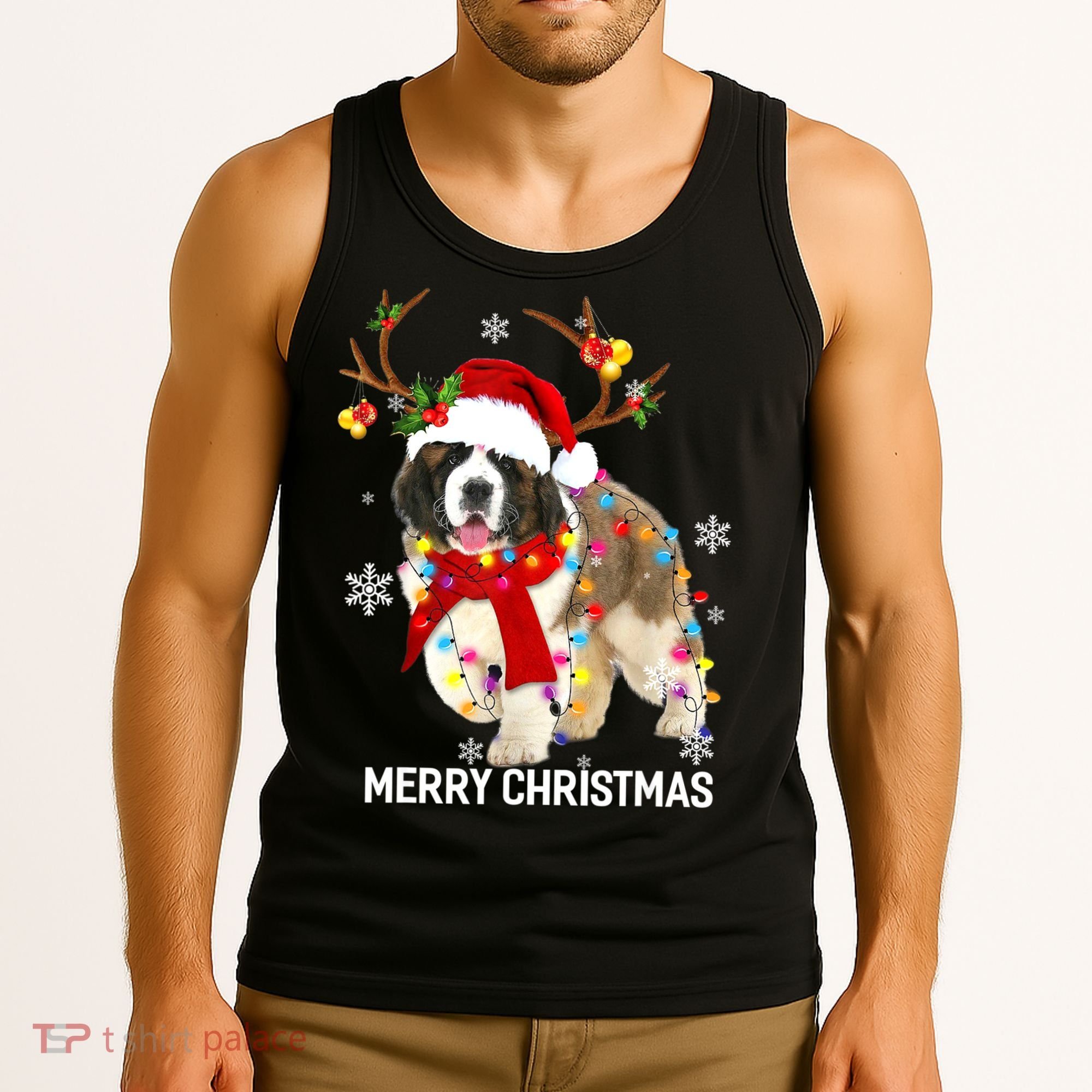 St Bernard Reindeer Xmas Light Christmas Ornaments Xmas Dog Tank Top