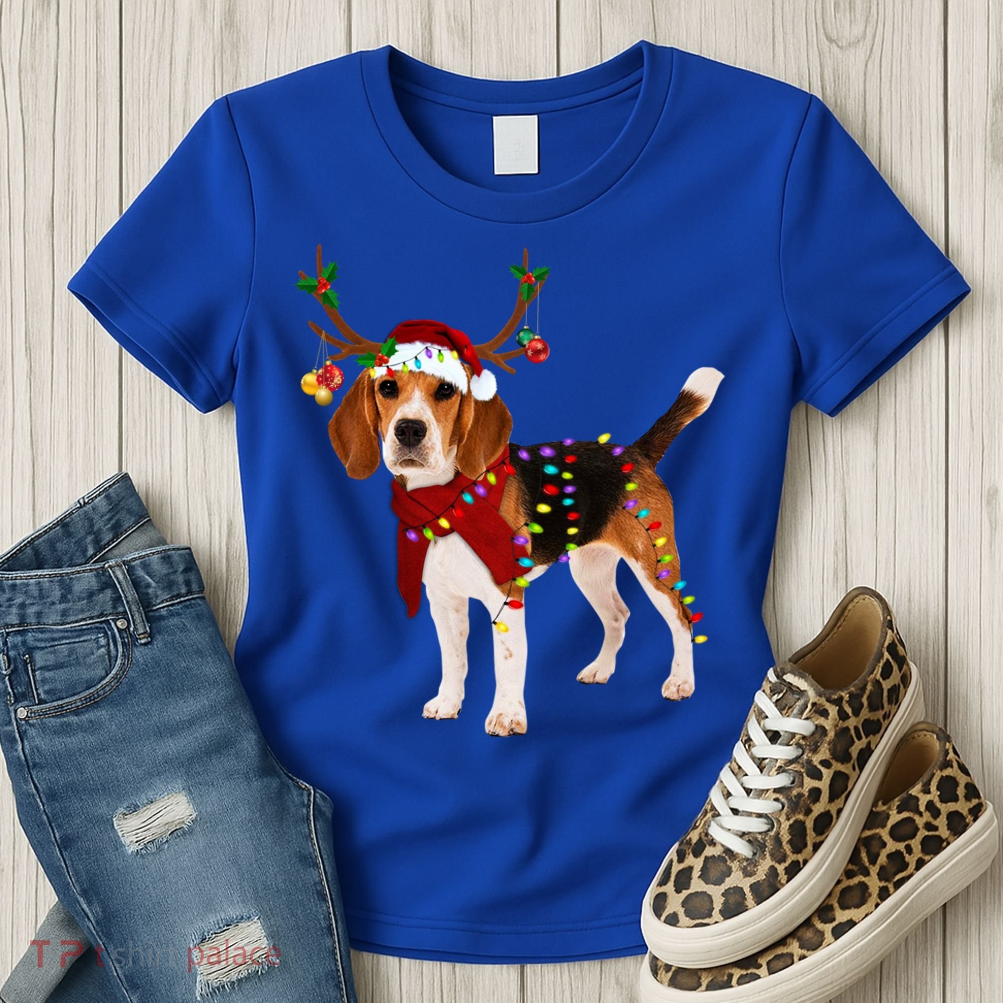 Santa Beagle Reindeer Light Christmas Gift Women's T-Shirt