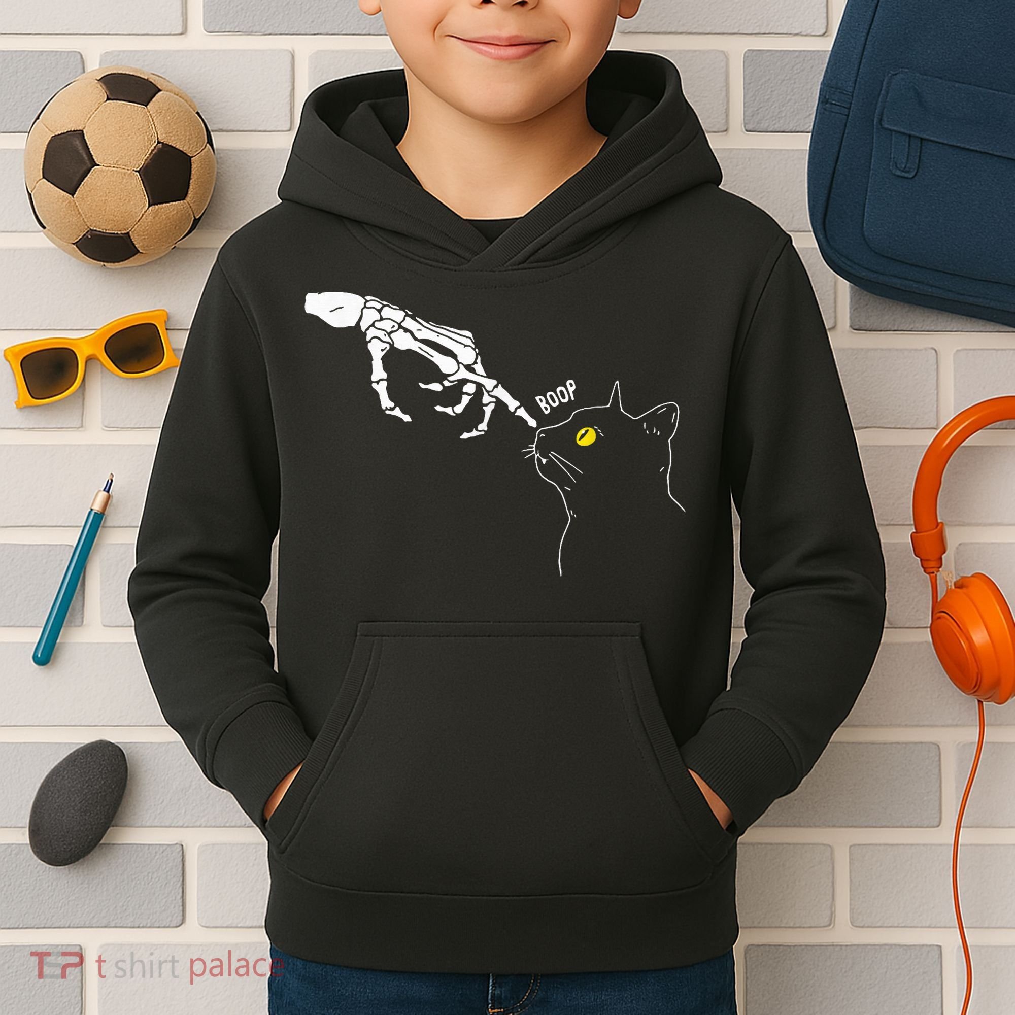 Spooky Boop Skeleton Hand Touch Nose Cat Halloween Costume Kids Hoodie