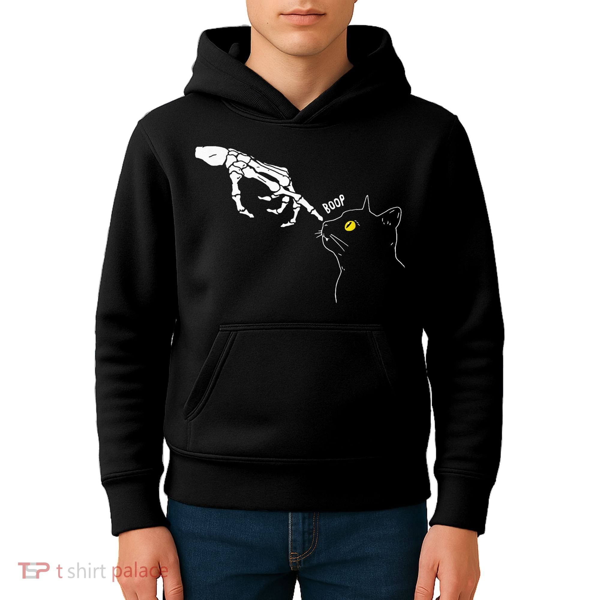 Spooky Boop Skeleton Hand Touch Nose Cat Halloween Costume Kids Hoodie
