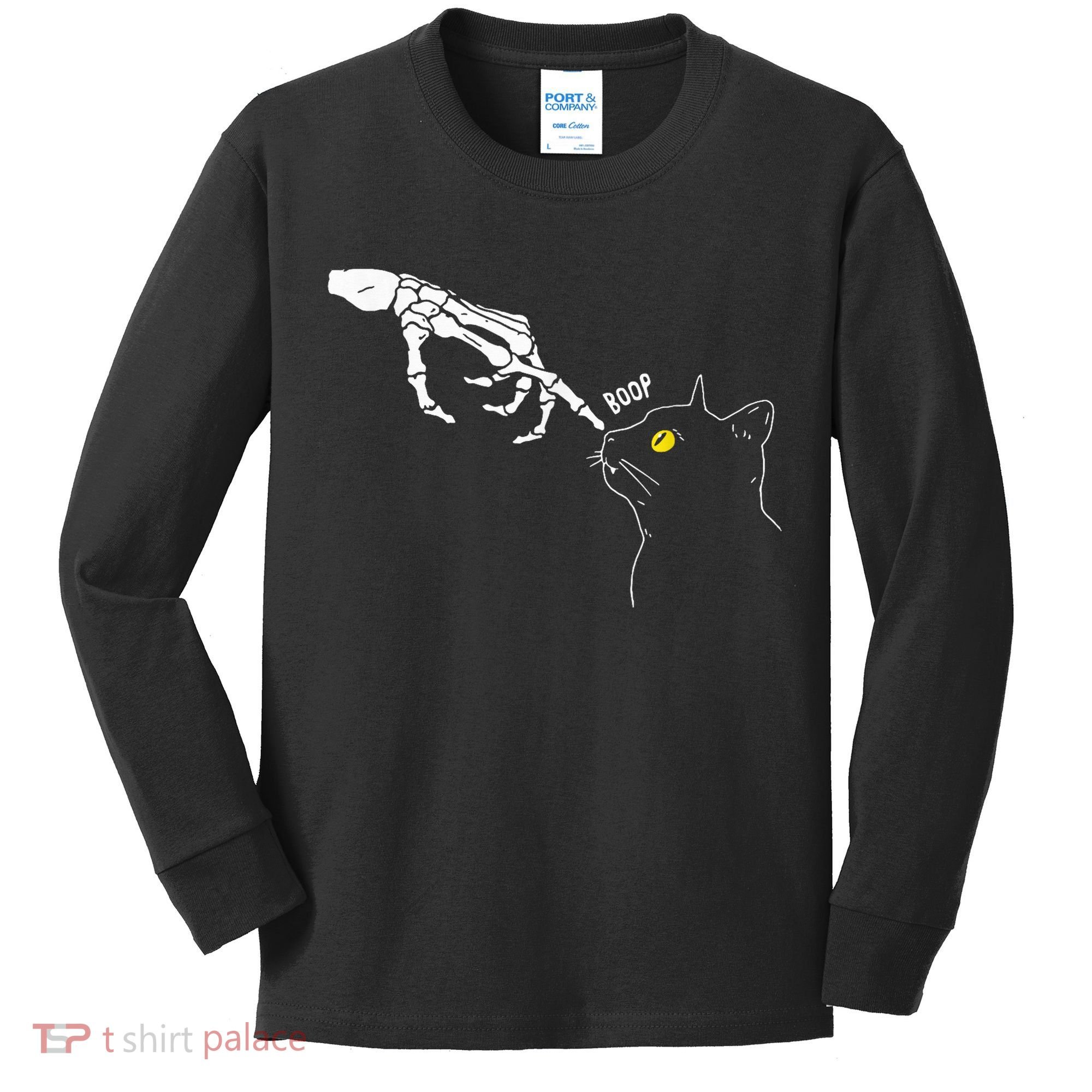 Spooky Boop Skeleton Hand Touch Nose Cat Halloween Costume Kids Long Sleeve Shirt
